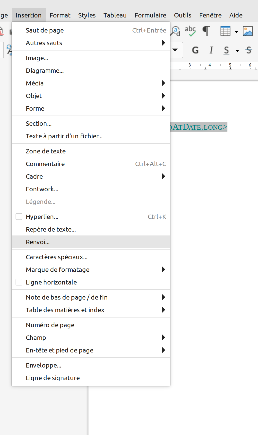 Menu Insertion > Renvoi dans LibreOffice