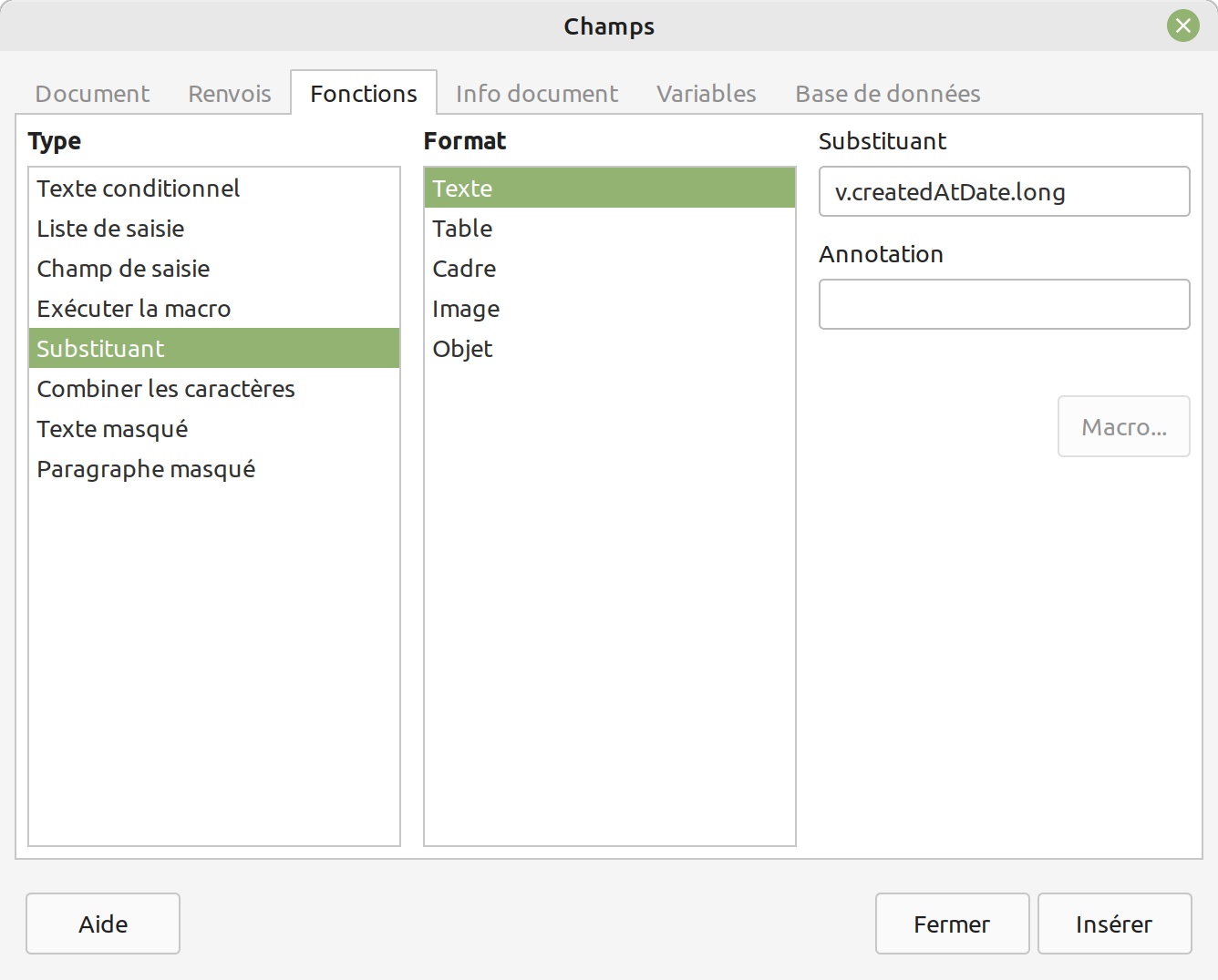 Menu Insertion > Renvoi dans LibreOffice